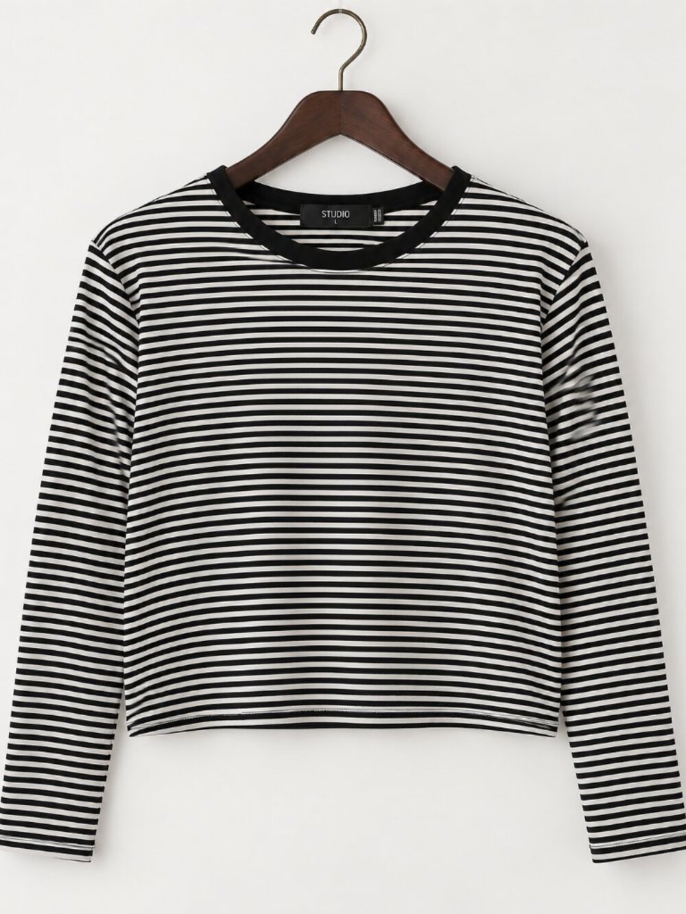 Striped Lightweight Knit L Black & Cream Boxy Long Sleeve Top Nautical